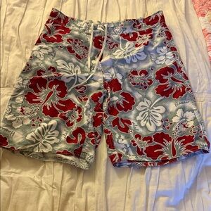 Hawaiian Floral Women’s Swim Shorts - Red, White, and Gray